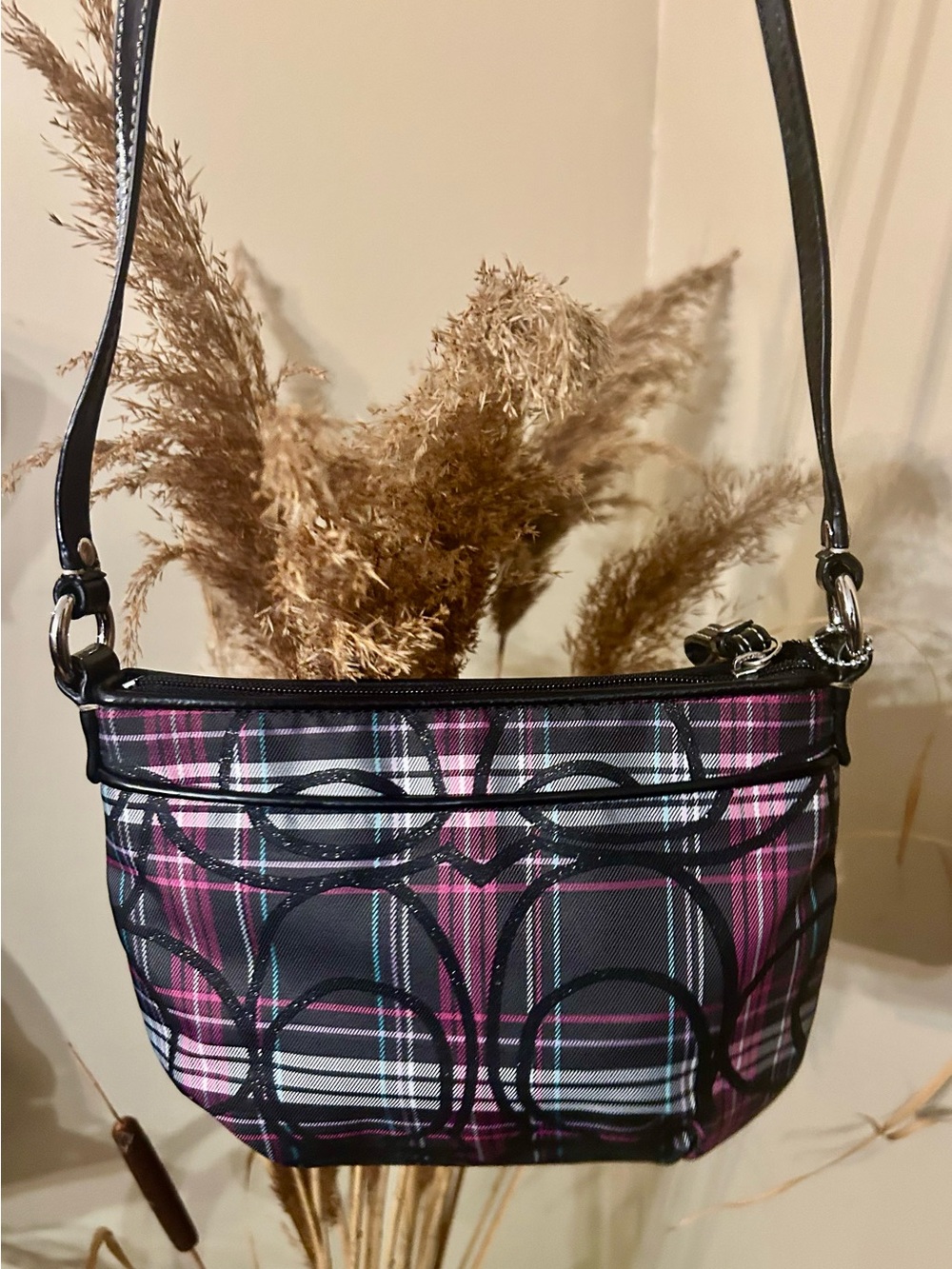 Coach Pink and Black Plaid Signature Crossbody Bag